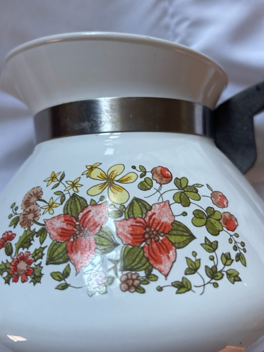 Corningware White Coffee Carafe with Red Floral Pattern and Green Leaves